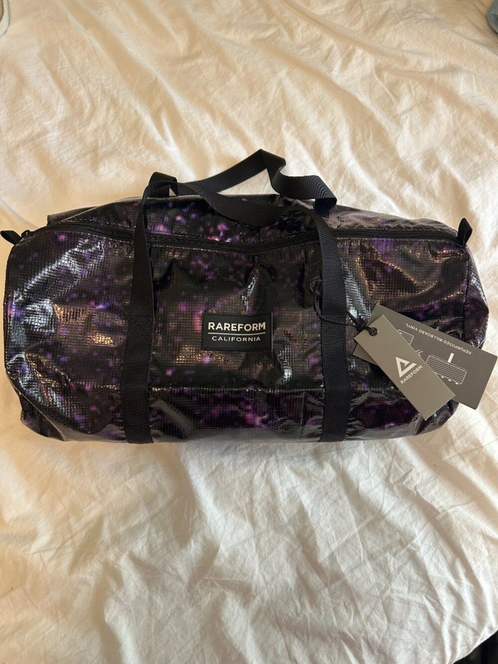 Rareform California Light Duffle Bag NWT Upcycled Billboard Vinyl Black Purple